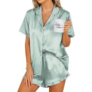 Womens Satin Pajamas Set Button Down 2 Piece Silk Pjs Shorts Set Ruffle Lingerie Notch Collar SleepwearGift