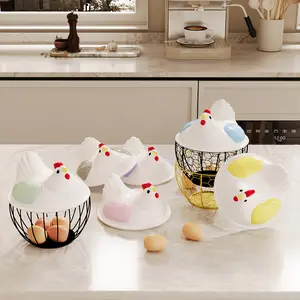 "Cute Chicken Egg Basket with Large Capacity, Metal Wire Design and Ceramic Hen Lid – Perfect Farmhouse Kitchen Decor, Egg Storage Holder for Countertop, Keeps Eggs Organized and Easy to Access, Adorable Home Decoration for Any Kitchen."