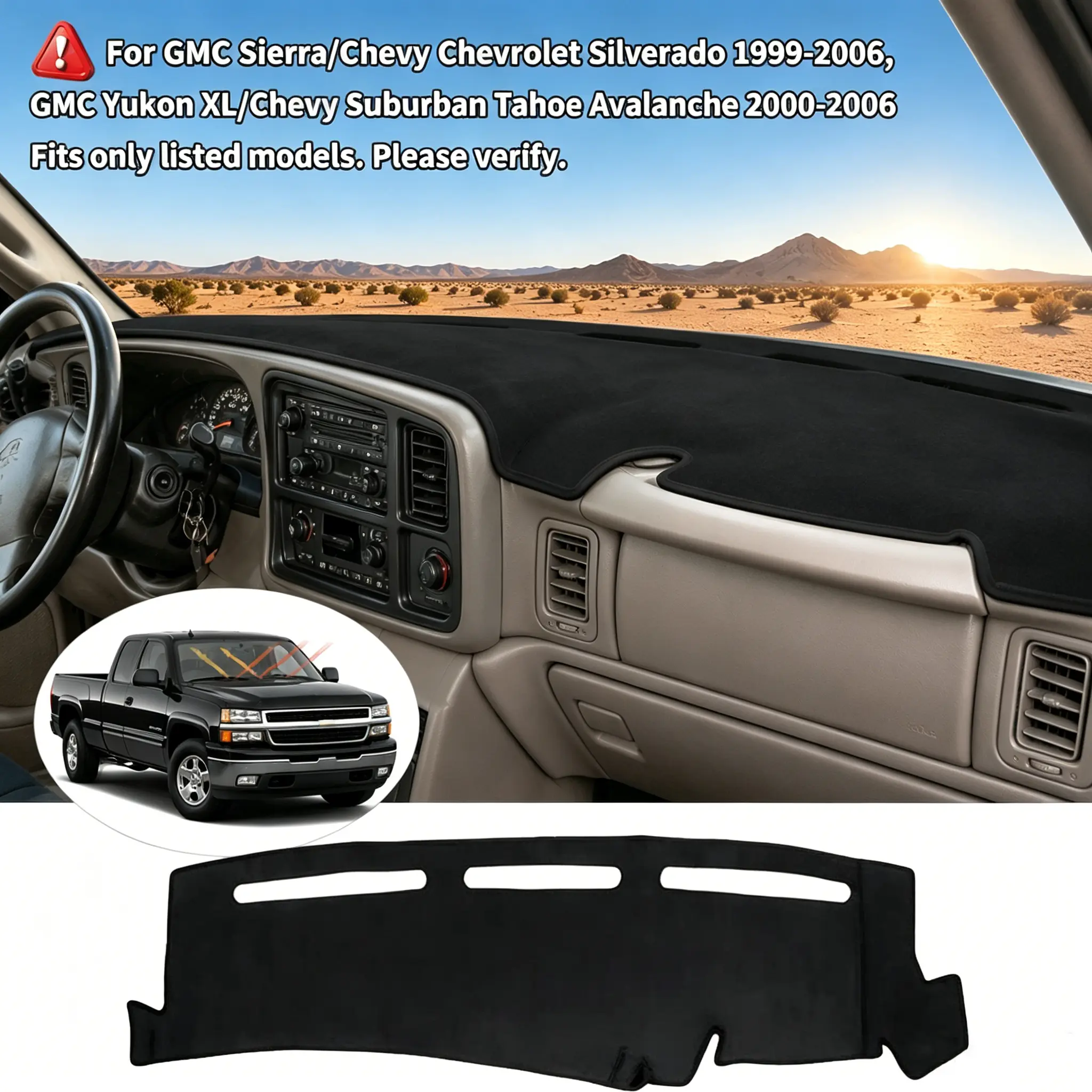Dash Cover Compatible with GMC Sierra/Chevy Chevrolet Silverado 1999-2006, GMC Yukon XL/Chevy Suburban Tahoe Avalanche 2000-2006 Dashboard Cover Mat Non-Slip Pad Carpet Sunshield Protector