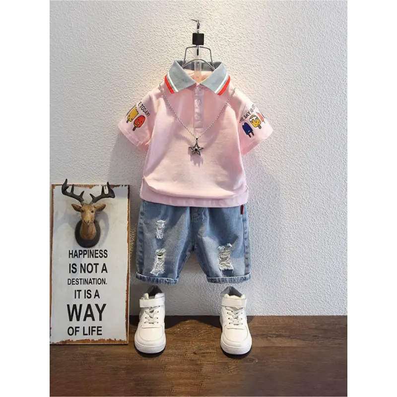 Boys' 2-Piece Casual Set, Summer Cartoon Print Cotton Blend Crewneck T-Shirt and Distressed Denim Shorts for Toddler Boys, Ages 3-6Y, 3 - 4 Years, 4-5Y, 40% Polyester