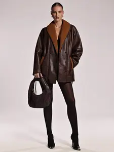 Women's Casual Shawl Collar Drop Shoulder Long Sleeve Faux Fur Jacket, Autumn/Winter,Women's Autumn/Winter New Faux Fur Lined, Leather Jacket, Brown Jacket Women