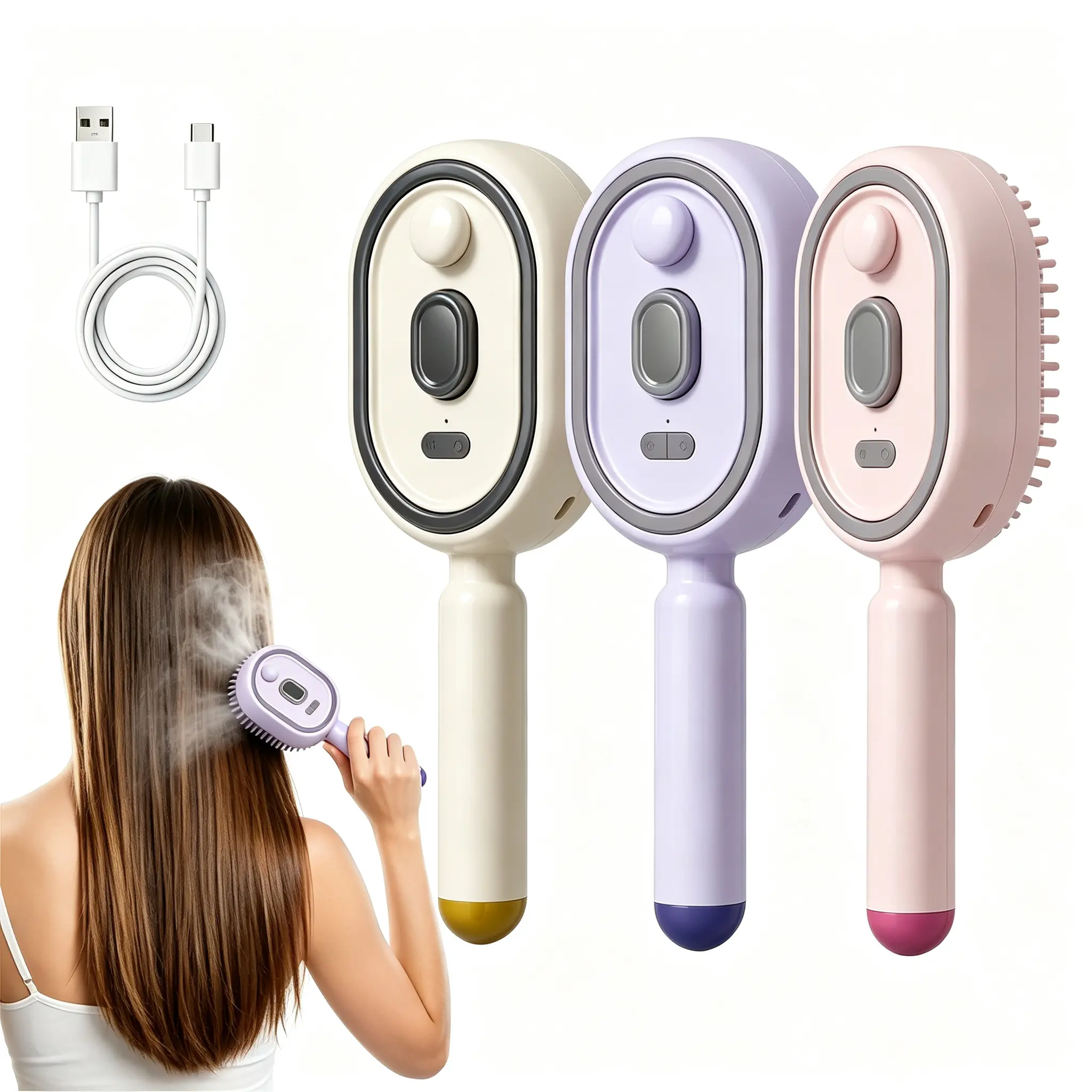 Fix Frizzy Curly Hair Fast! Electric Warm Steam Mist Massage Comb, Self-Clean Retractable Air Cushion Detangler Brush, Anti-Static Volumizing Aromatherapy Scalp Massager, Portable Rechargeable Travel Hair Care Gadget for Ladies
