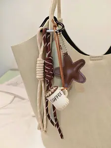 New Fabric Coffee Cup Star Decoration Pendant, PU Leather Star Keychain Backpack Charm, Fashion Bag Charms, Coffee Cup Purse Charms, Star Coffee Cup Braided Rope Knot Hanging Charm Key Ring Fob Lanyard Jewelry Accessories Christmas Gift
