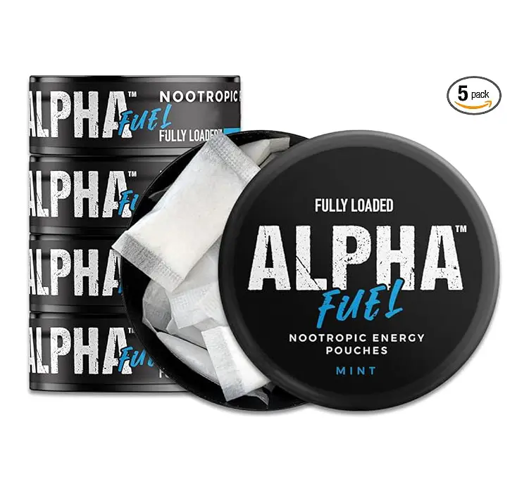 Fully Loaded Alpha Fuel Nootropic Pouches (Mint Fuel) - 5 Cans, 15 Pouches per can - Nootropic Energy Pouches with Caffeine, Alpha GPC, Tyrosine, Taurine, Guarana and More.