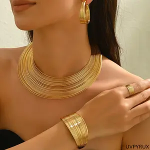 UVPYRUX Multi-Layer Metal Jewelry Set with Geometric Line Design Adjustable Necklace & Open Collar Bracelet for Women Gold Tone