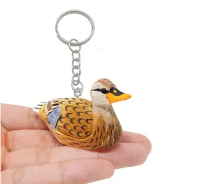 Female Mallard Duck Bird Keychain Ring Clip Charm Miniature Wood Mini Figurine Small Animal