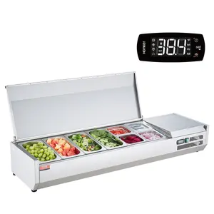 【Summervibes】VEVOR Refrigerated Condiment Prep Station,  150 W Countertop Refrigerated Condiment Station, with 4 1/3 Pans & 4 1/6 Pans, 304 Stainless Body and PC Lid, Sandwich Prep Table with Stainless Guard, ETL