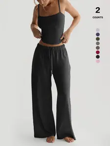 Effortless Sexy 2 Piece Cami Set, Spaghetti Strap Crop Top & Wide Leg Pants, Soft Girl Aesthetic, Casual Fitted, All Seasons