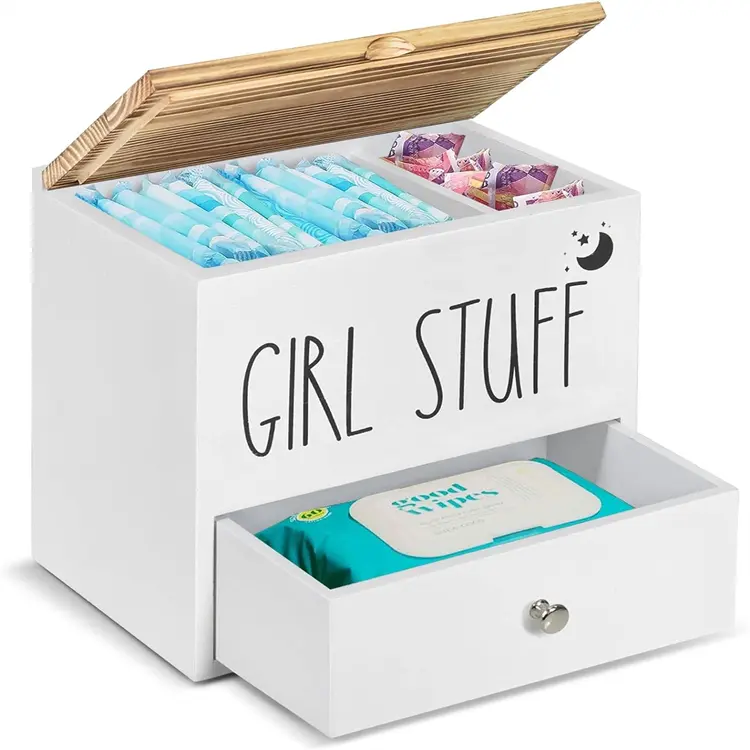 Painted Wood Tampon Holder for Bathroom Decor Storage Multifunction Feminine Product Organizer Drawer Lid White Cotton for Swab