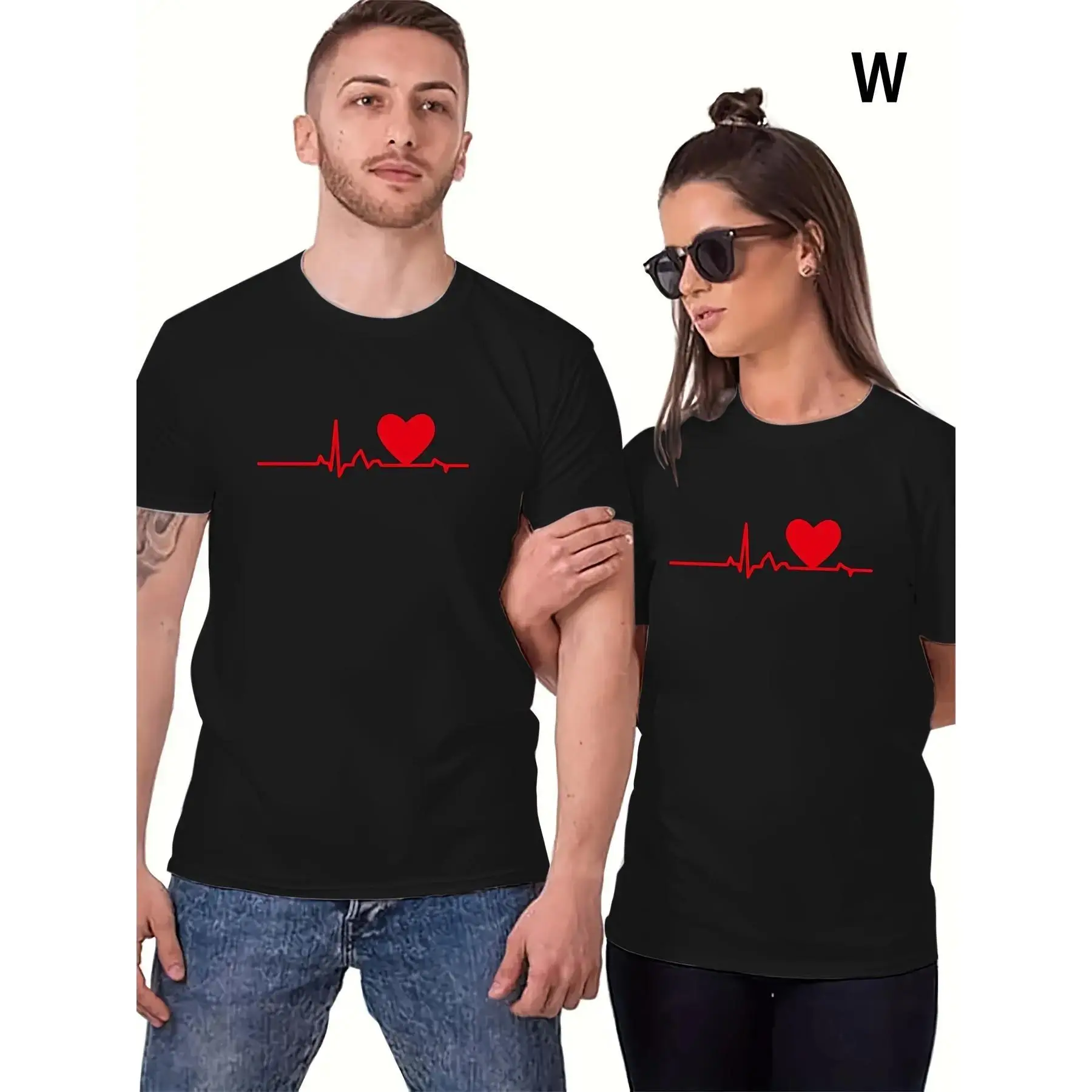 Unisex Love Graphic Print T-shirt, Casual Round Neck Couple's Top in Soft 100% Cotton for Romantic Valentine's Day, Clothes, Sporty, Classic, Tshirt, Plus Size, Pure Cotton, Shortsleeve, Multi-Size, Breathable, Cold Wash