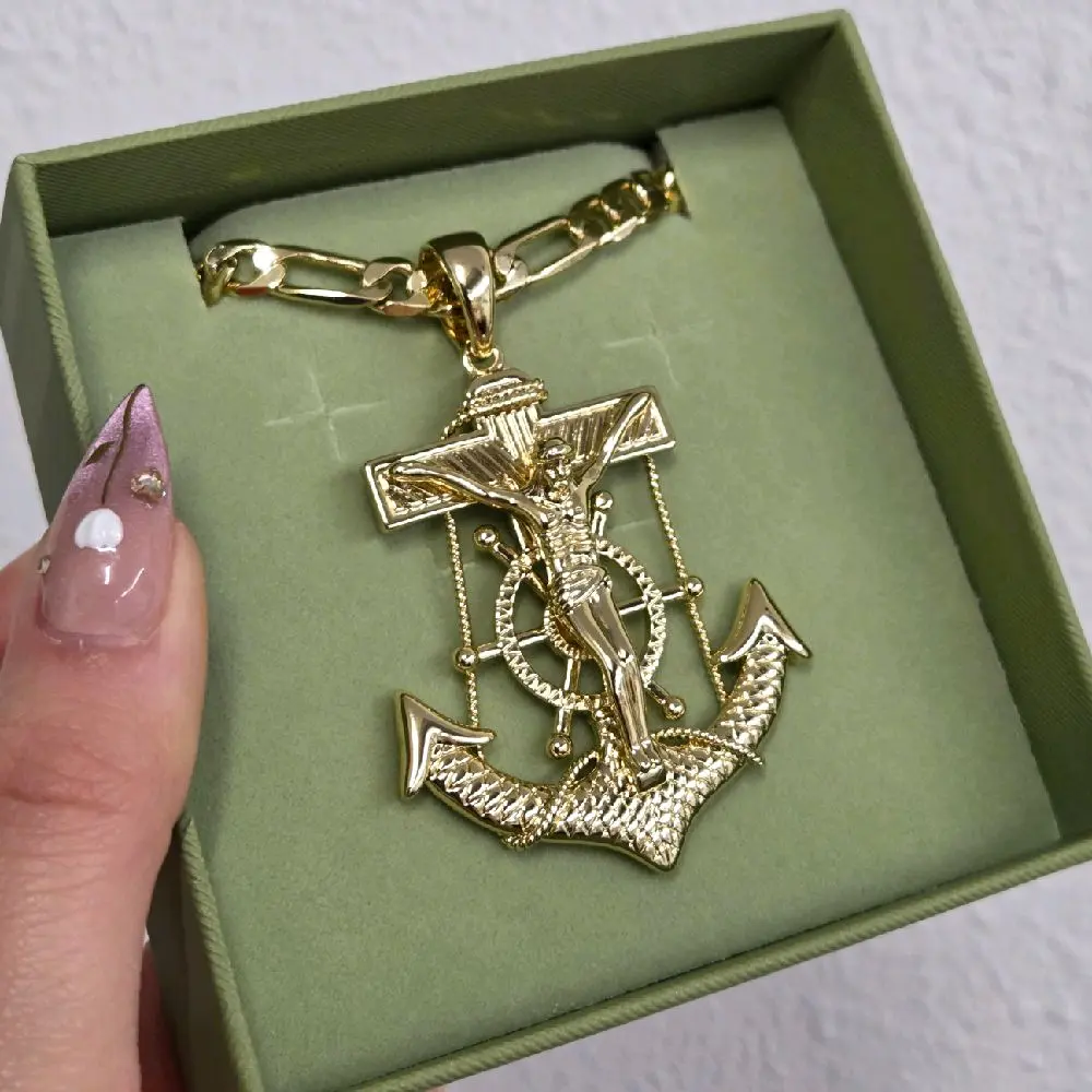 Jesus Necklace with Anchor Pendant in 14K Gold plated