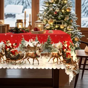 Christmas Tablecloth - Santa Claus Riding Reindeer Sleigh with Snowy Village Scene - Vintage Red & Green Holiday Table Decor - Durable Polyester Fabric - Fits Rectangular, Round, Oval Tables - Indoor/Outdoor Party Decoration - Easy-Clean Ch