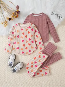 2 sets girls fashion long-sleeved outfits Cute printed tops and trousers autumn and winter Elegant solid-colored baby girls knitted pullovers and leggings Four-piece matching outfits for sisters