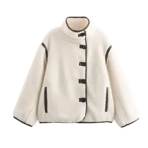 Women's Winter Warm Teddy Fleece Jacket European American Style Oversized Collar Coat with White Piping Black Buttons Beige Single Breasted Outerwear Pockets Casual to Formal