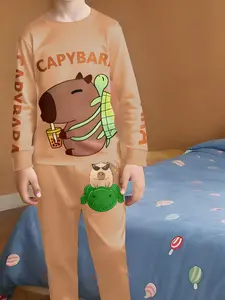 New Children Capybara Cartoon Print Pajama Set, Long Sleeve Soft Homewear, Casual Daily Wear, Spring & Fall
