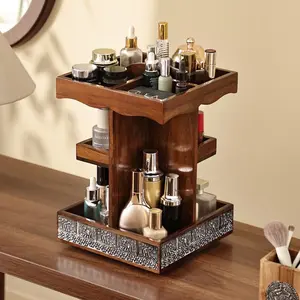 Artisan Solid Wood Rotating Vanity Organizer | Hand-Carved Elephant Metal Detail