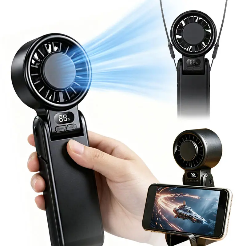 4-in-1 Handheld Fan 3000mAh Multifunctional Portable Fan HD Display, Cooling Ice Compress, Mini Foldable Design, USB Rechargeable. Functions as a Handheld Fan, Neck Fan, Wall-Mounted Fan, Phone Stand; Ideal for Travel, Outdoors