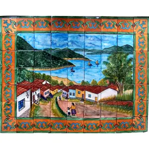 TalaMex Patzcuaro Lake Clay Talavera Tile Mural 63-Piece Handmade Artistic Wall Decoration for Mexican Spanish Style Decor