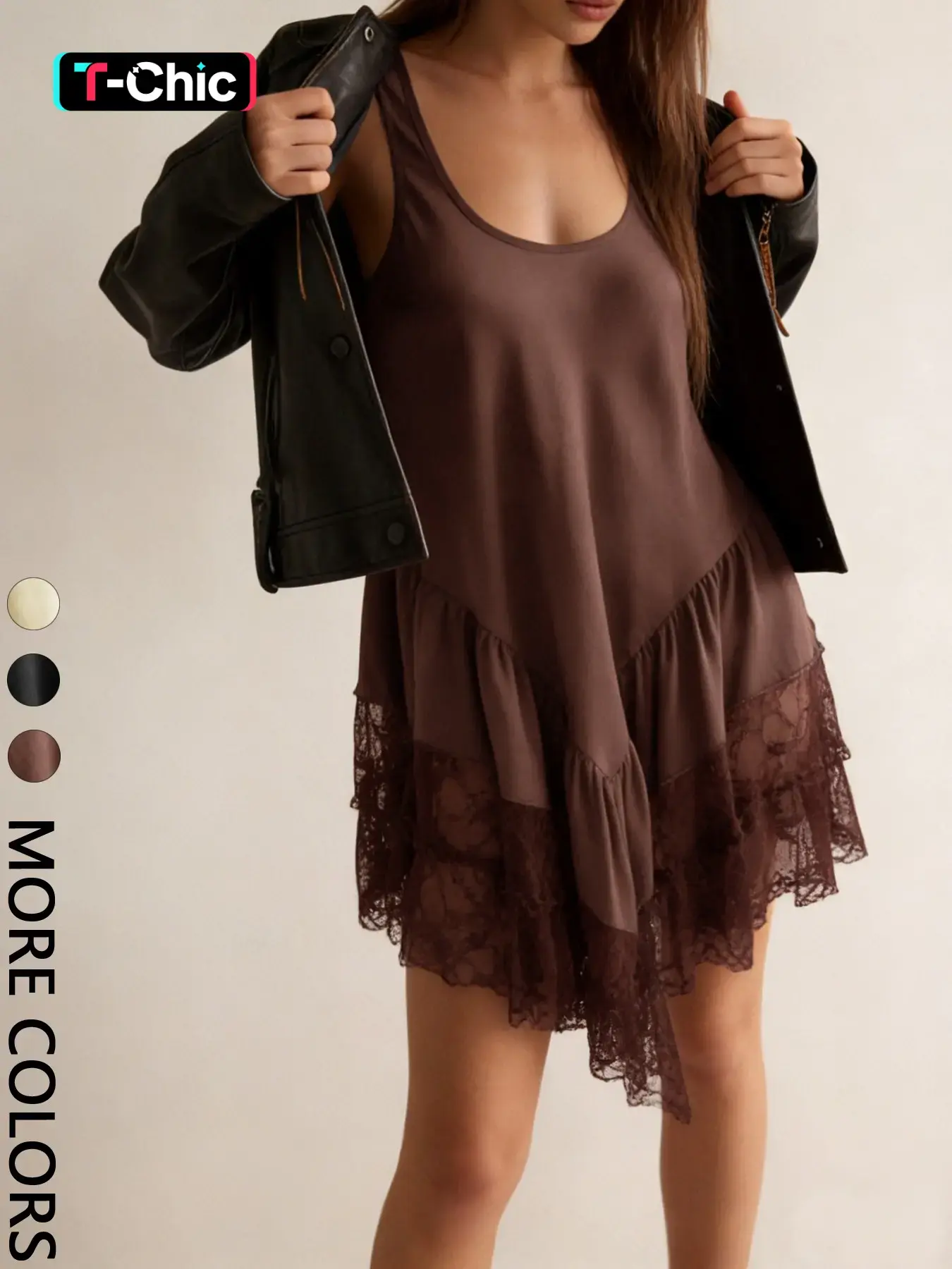 1-Piece Women's Satin Camisole Short Sleeveless Lace Dress, Casual Elegant Dress, Euro-American Style Mature and Classy Vibe, U-Neck Design with Tiered Skirt, Great for Casual Dates and Café Stops
