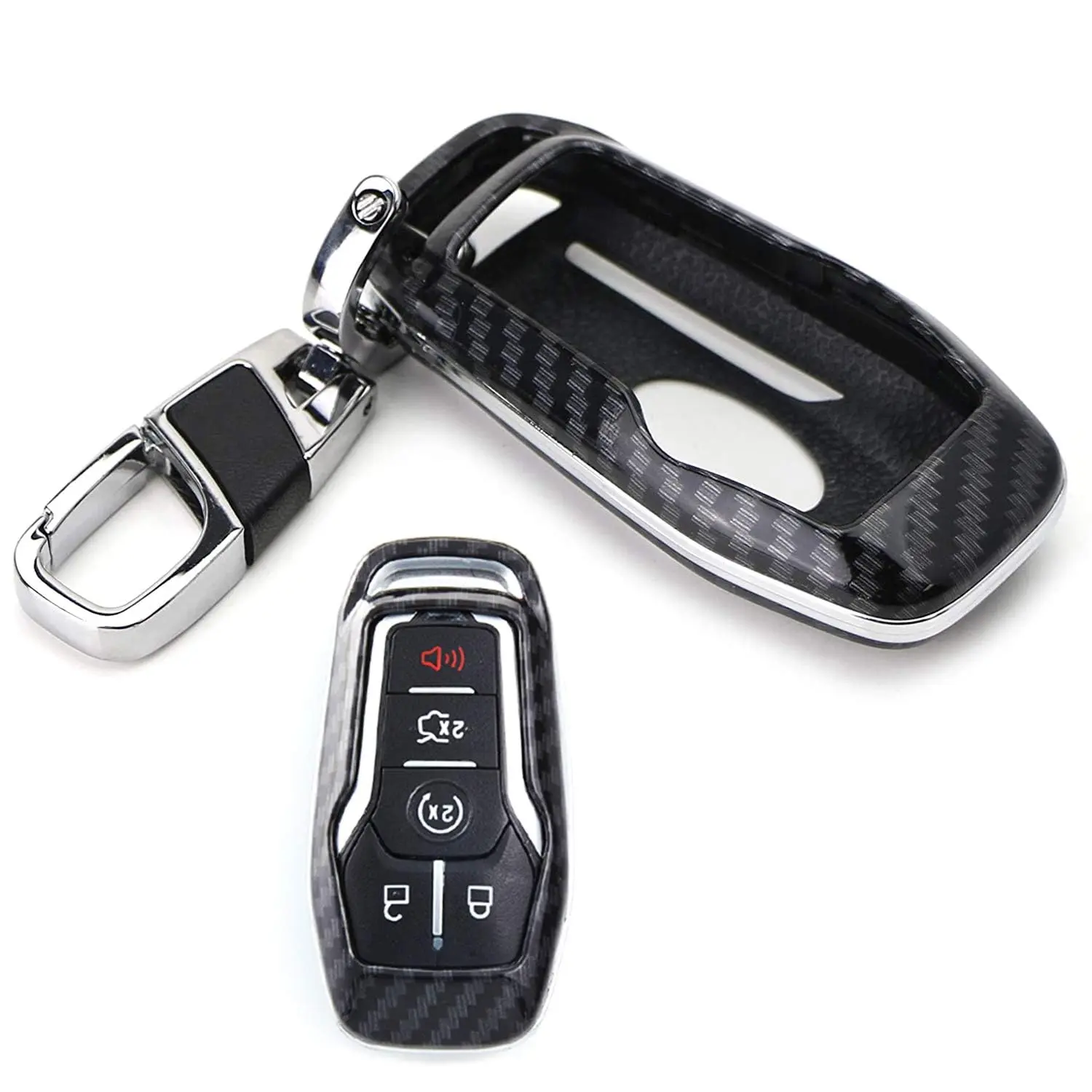 iJDMTOY Exact Fit Black Glossy Carbon Fiber Pattern Key Fob Shell w/Keychain For Ford or Lincoln 4/5-Button Intelligent Access Key