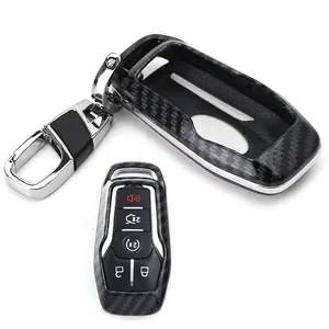 iJDMTOY Exact Fit Black Glossy Carbon Fiber Pattern Key Fob Shell w/Keychain For Ford or Lincoln 4/5-Button Intelligent Access Key