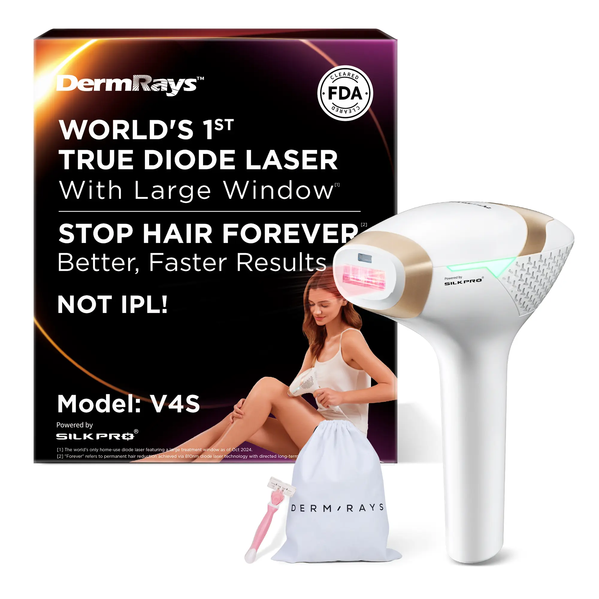 DermRays V4S Gentle At-Home Diode Laser Hair Removal Device - 810nm, for Sensitive Skin