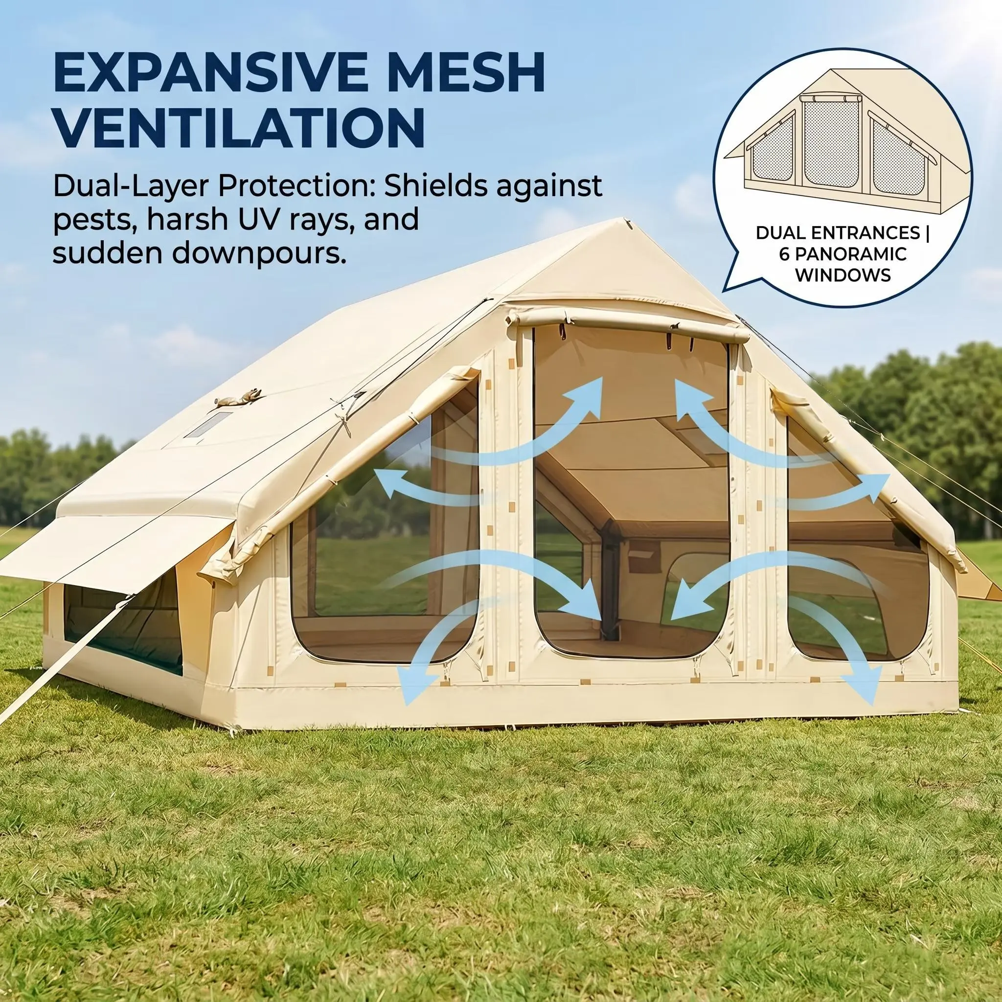 4-6 Person Blow Up Inflatable Tent with Stove Jack, Hot Tent for Camping with Hand Pump, Waterproof Inflatable Camp Tent with Mesh Windows, Easy Setup Glamping Inflatable House