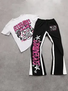Men's Cartoon Figure Print Tee & Drawstring Waist Flare Leg Pants Two-piece Set, Men's Casual Outfits for Fall & Winter, Clothes