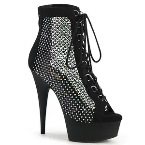 Women's 6-Inch Heel Platform Boot, DELIGHT-600-33RM Black Rhinestone Mesh Lace Footwear Shoe