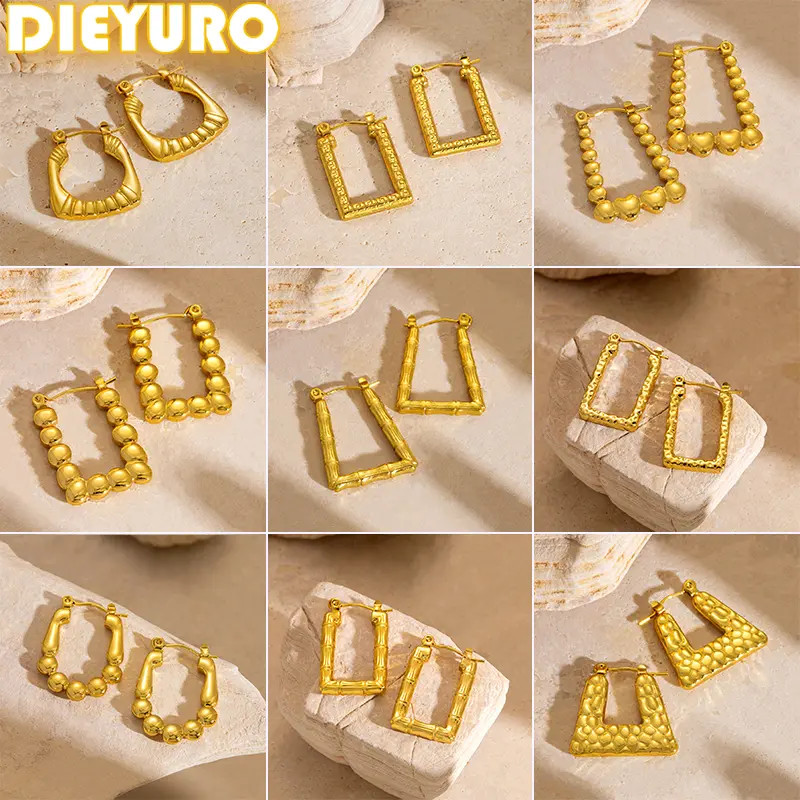 DIEYURO 316L Stainless Steel Golden Irregular Bamboo Square Hoop Earrings For Women New Fashion Ear Jewelry Party Holiday Gift