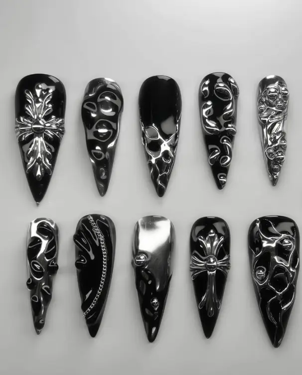 Gothic Black Chrome Press On Nails | 3D Cross, Chain & Molten Metal Art | Edgy Dark Armor Nails for Alt, Punk & Cyber Vibes