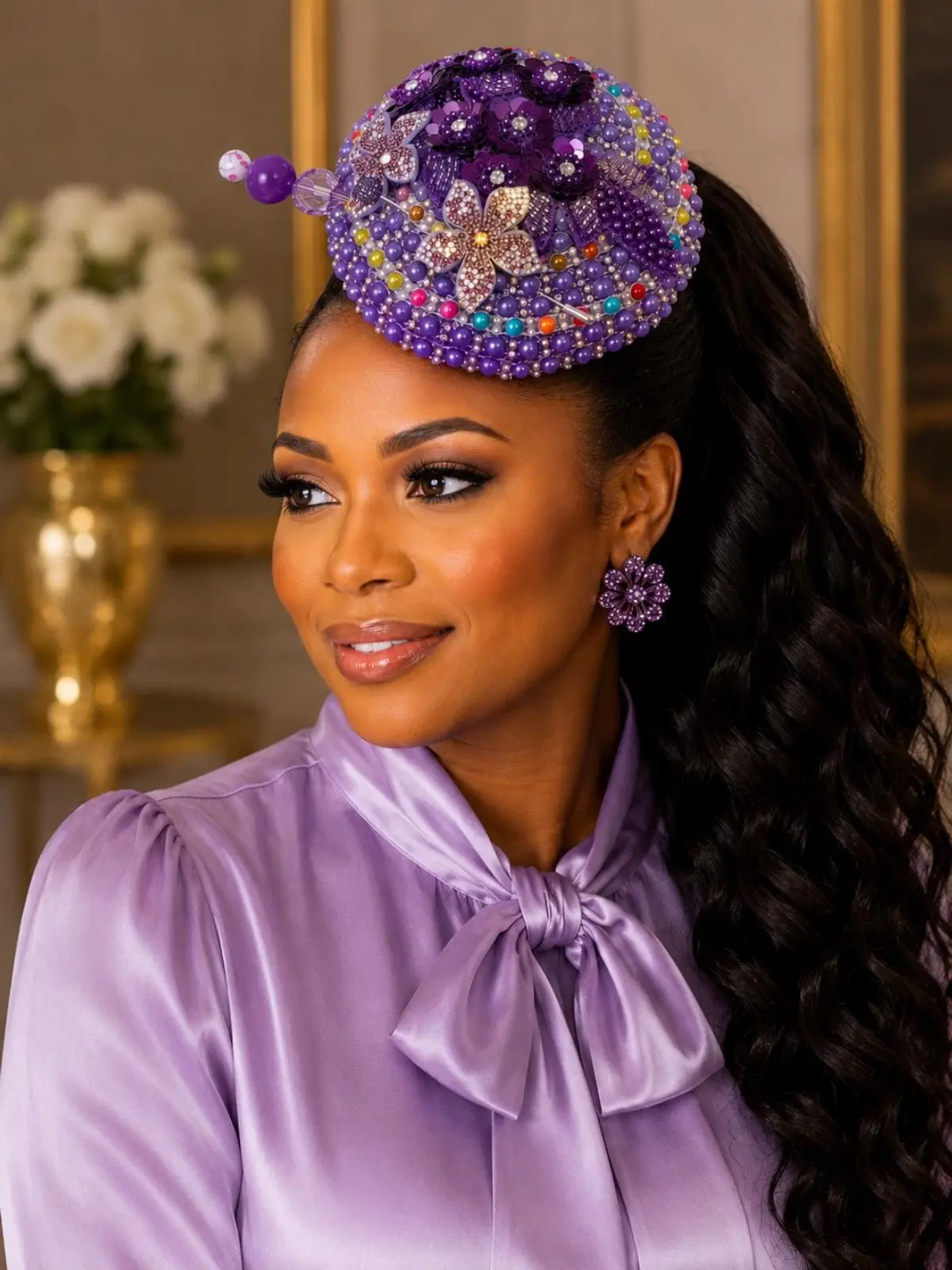 Luxury Purple Beaded Fascinator Hat – Elegant Floral Church Hat for Women | Wedding, Derby & Special Occasion Headpiece