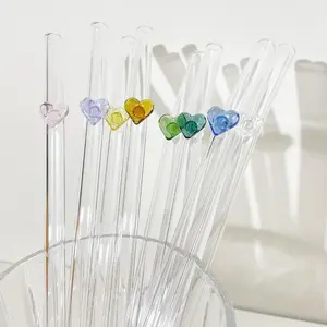Reusable Glass Straws 8 Colorful Heart-Shaped Bent Straws with Cleaning Brushes, 8"x 0.3" Thick Clear Drinking Straw Set Glass Drinking Straw for Tumblers 10 Pack Gift Wrap
