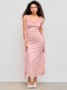 Shimmer Cowl Neck Maxi Dress – Elegant Ruffle Detail & Soft Flowing Fit