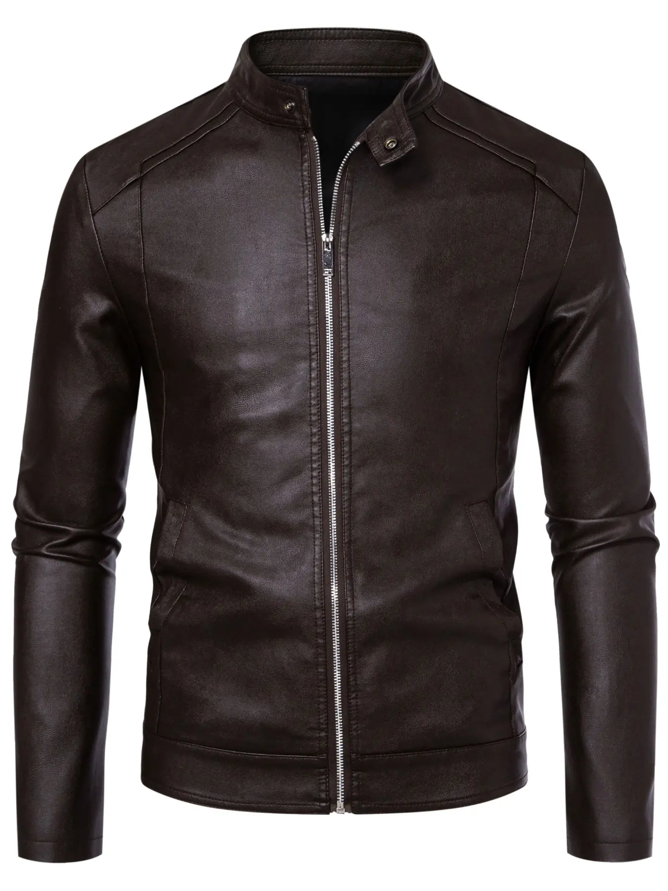 Men's Stand Collar Long Sleeve Motorcycle Jacket, PU Leather Material, Simple Design, Business Casual Versatile Coat, Fall Winter Fashion