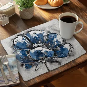 360 stand Rectangular Classic Blue Flora Braided Polyester Placemat - 14x18in, Traditional Stylish Aesthetic, Easy-Clean, Small Flower Kitchen Tableware Accessory, Coasters for Table, Coasters For Drinks