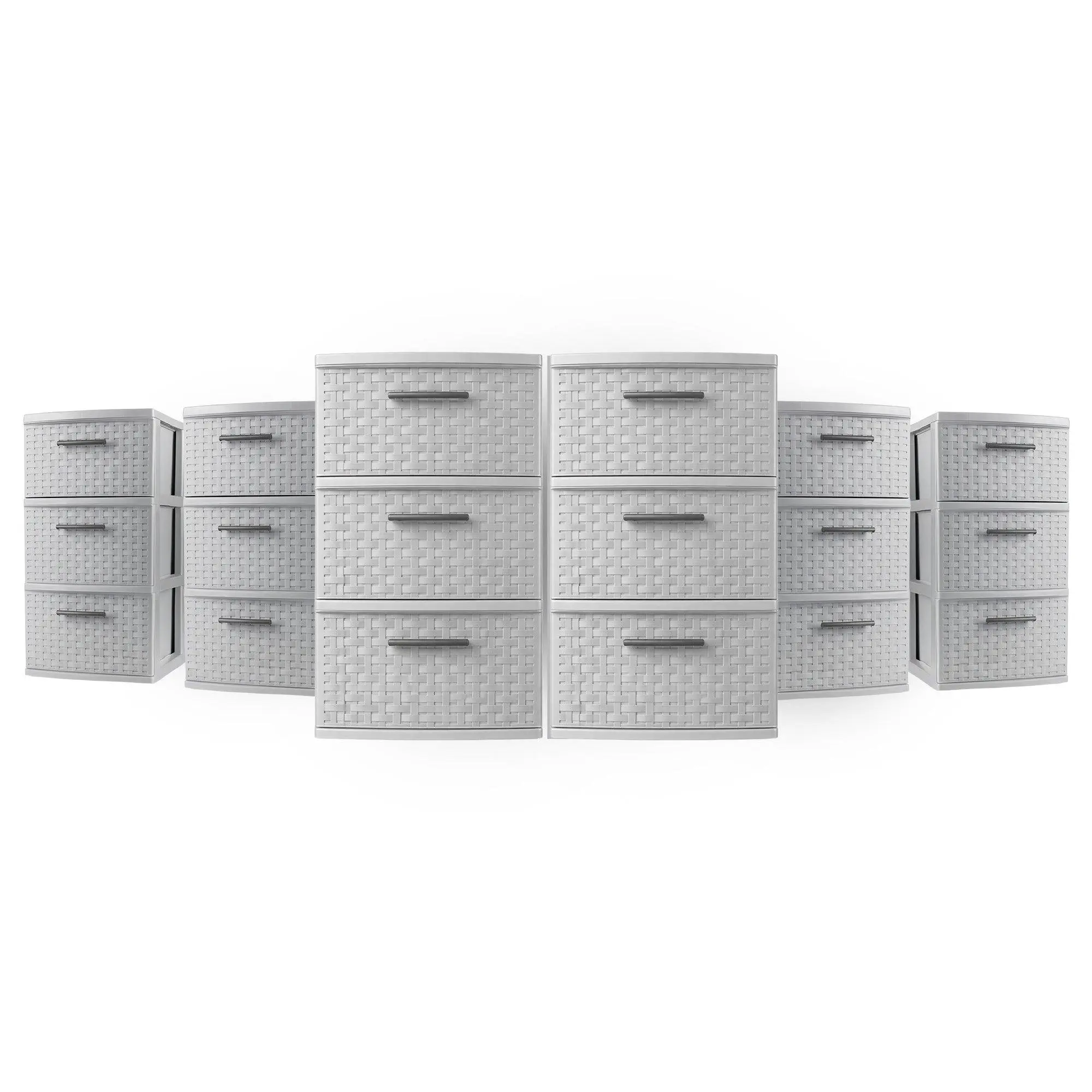 Sterilite 3 Drawer Storage Tower, Plastic Weave Medium Organizer, Cement, 6 Pack