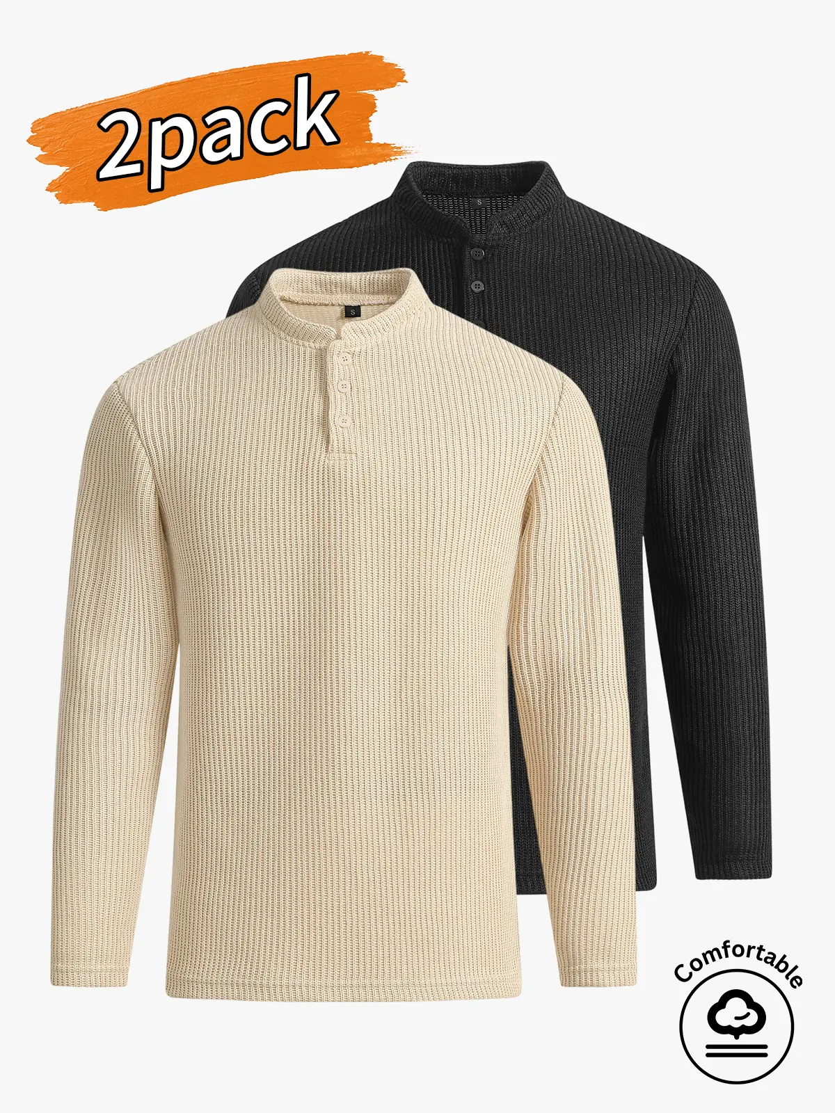 2-pack men's tops, men's long-sleeved sweaters, men's casual button-up sweaters.Classic half-button placket and stand collar design, simple and elegant, long sleeves, slim yet slightly loose fit that suits most body types, suitable for spring and autumn w