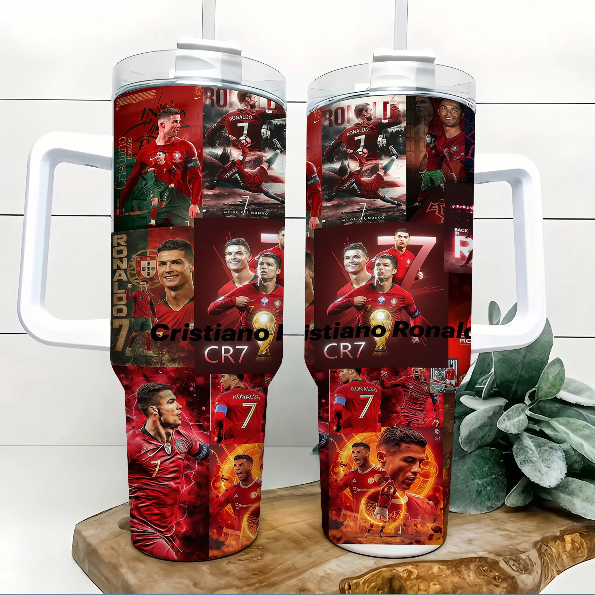 Red No.7 Soccer Legend 40oz Tumbler with Handle and Straw Football Champion Collage Insulated Stainless Steel Travel Mug Sports Water Bottle Coffee Cup Gift for Men Teens Fans