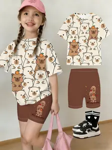 Girls' Summer Capybara Series T-Shirt and Shorts Set, Full Print Cartoon Design, Casual Streetwear, Perfect Gift for Kids, Outdoor Wear