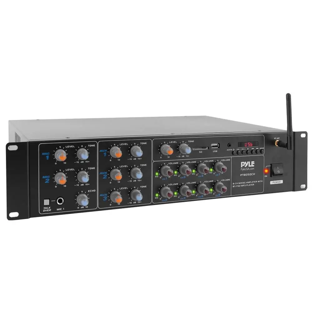 8-Channel 4000W Digital Bluetooth Audio Amplifier - Rack-Mountable Multi-Zone Mixer Receiver, USB/AUX, Microphone Talk-Over, Speaker Compatibility, Streaming Device, Button Controls, Cable Support for Stage, Studio