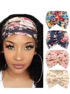 4 Pack Turban Headbands for Women Wide Vintage Floral Pattern Head Wraps Knotted Cute Hair Bands Accessories