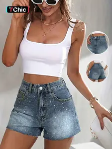 Women's Blue Rhinestone Denim Shorts Summer Thin New Loose Slim Fit Hot Pants Casual Button Fly Fitted Women's Short Pants Womenswear