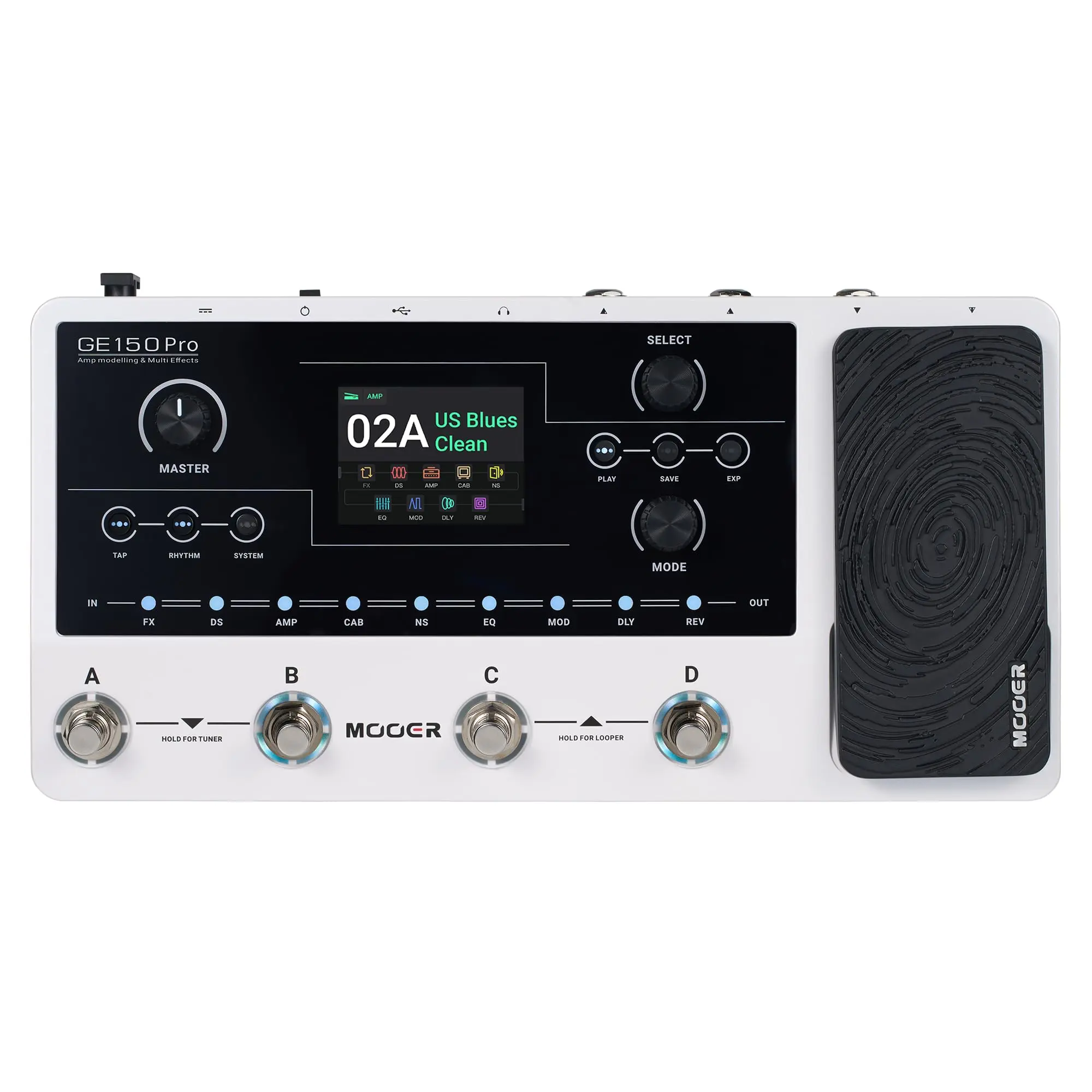 MOOER GE150 Pro Guitar Amplifier Modelling Multi Effects Processor with 4 Footswitches, Expression Pedal, Reverb, Delay, Looper, Drums, USB OTG Live Recording, MNRS GNR & GIR Loader, USB Audio Interface