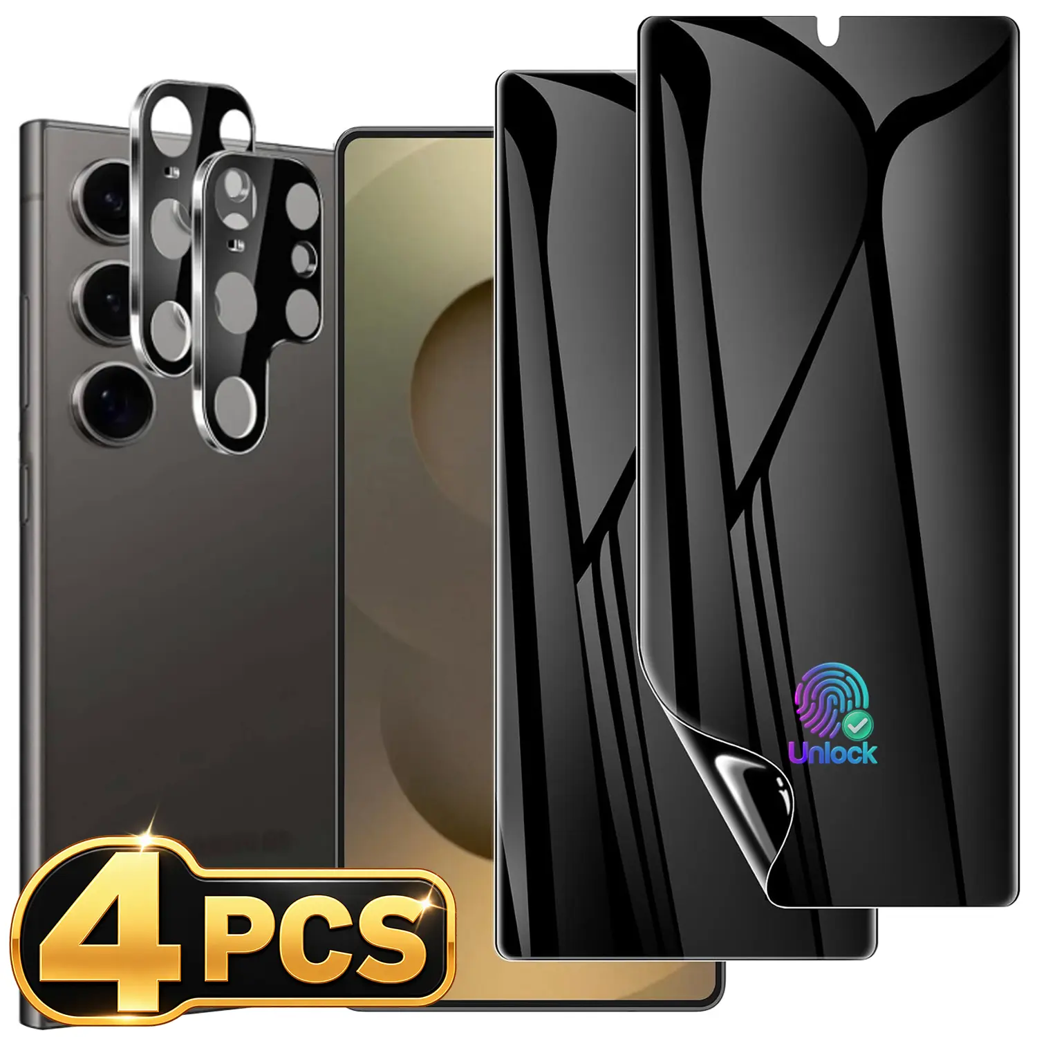 4 PCS Set 2 Anti-Spy Privacy Hydrogel Screen Protector [Not Glass] + 2 Camera Lens Protector For Samsung Galaxy S25 Ultra / S25 Plus / S25 / S24 Ultra / S24 Plus / S24 / S23 / S22 / S21, Full Coverage Flexible TPU Film, Self-Healing, Fingerprint Unlock