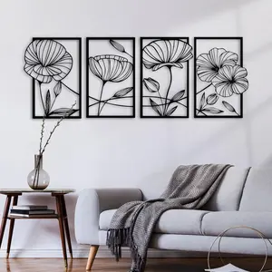 4 Piece Metal Lotus Wall Decor, Abstract Floral Art, Minimalist Wall Sculpture, for Bedroom, Living Room, Kitchen, Office, Yoga Studio