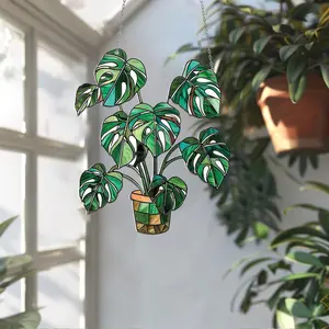 Tropical Leaf Pattern Acrylic Hanging Decor, Colorful Glass Style Suncatcher, Hanging Decor for Home Office Garden, Home Decor, Ornaments, Hanging Room Decor, Tropical Leaf Design