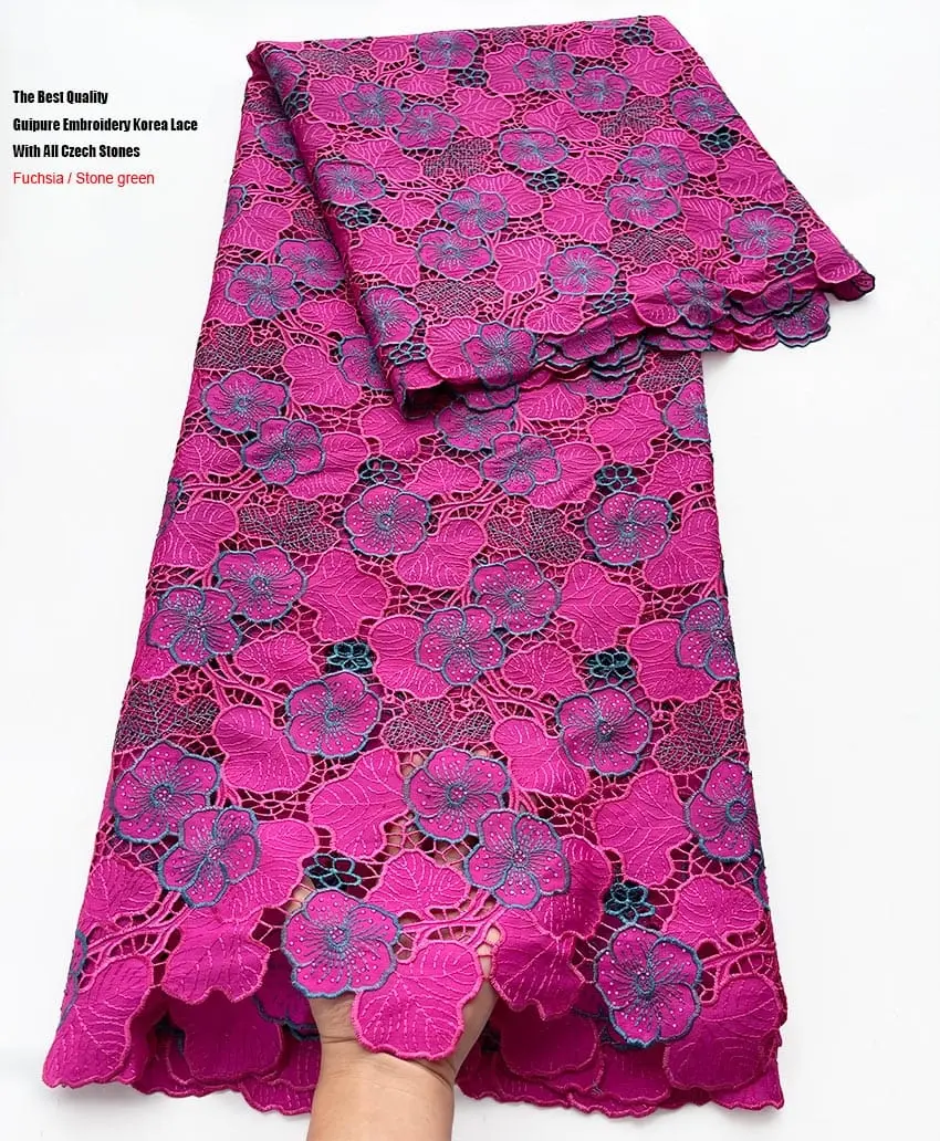 Korean Made Fuchsia African Fabrics Lace with Czech Stones 5 Yards Ideal for Sewing Clothing Accessories & Home Decor