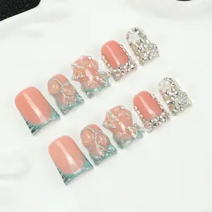 Handmade French Press-On Nails, Stylish Acrylic Nails, Naked white 3D Pink Flower & Gold Beads, Y2K Baddie style, Reusable Salon-Quality False Nails for Date Night, Bridal & Daily Wear, Easy Apply Manicure Set with Jelly Glue, Shiny nail clippers