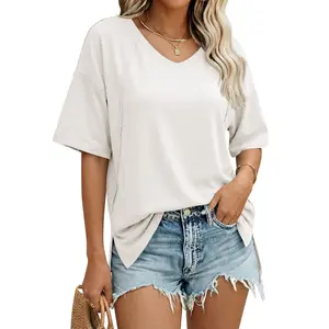 Imily Bela Summer Simple Style Womens Oversized Short Sleeve Casual V Neck Tunic Tops Loose Fit Side Split Basic T-Shirts